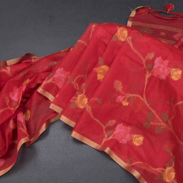 Silk Cotton Red Borderless Thread Work Saree In Floral Creeper Design