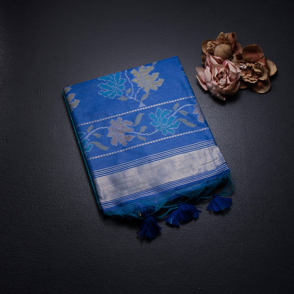 Raw Silk Rama Blue Printed Saree