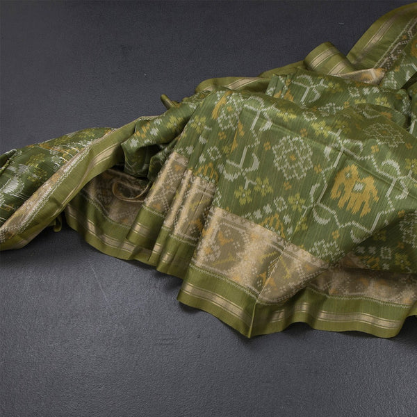 Raw Silk Parrot Green Printed Saree 02