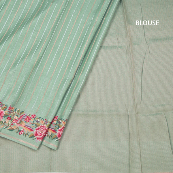 Raw Silk Pista Green Zari Stripes Saree And Floral Thread Border