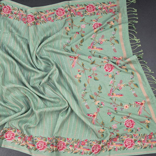 Raw Silk Pista Green Zari Stripes Saree And Floral Thread Border