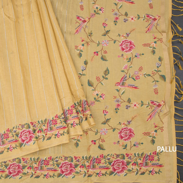 Raw Silk Yellow Zari Stripes Saree And Floral Thread Border