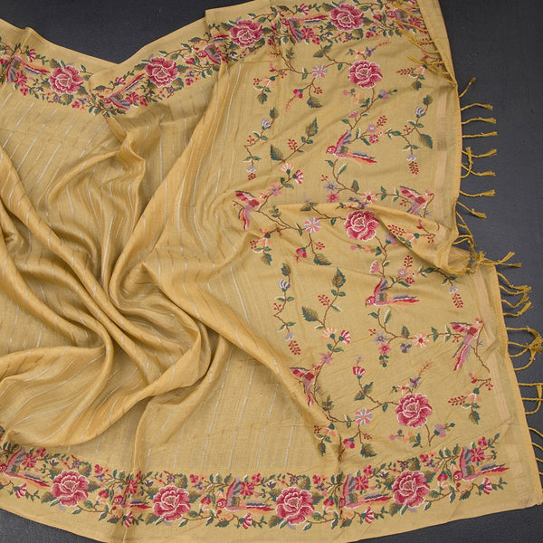 Raw Silk Yellow Zari Stripes Saree And Floral Thread Border