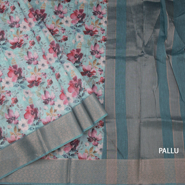 Raw Silk Sea Green Floral Printed Saree And Zari Border