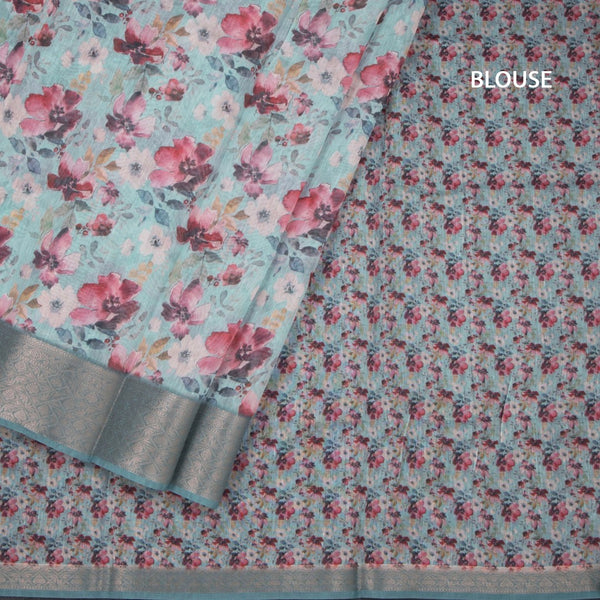Raw Silk Sea Green Floral Printed Saree And Zari Border