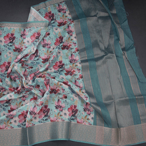 Raw Silk Sea Green Floral Printed Saree And Zari Border
