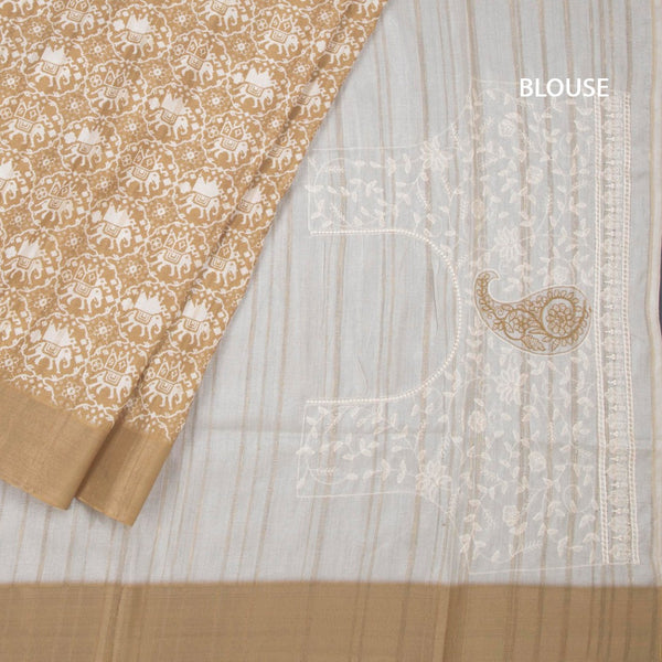 Raw Silk Mustard Yellow Printed Saree With Zari Border