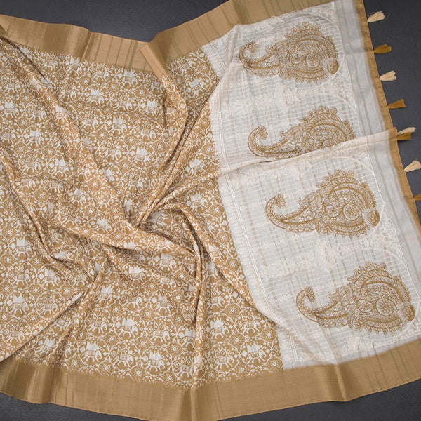 Raw Silk Mustard Yellow Printed Saree With Zari Border