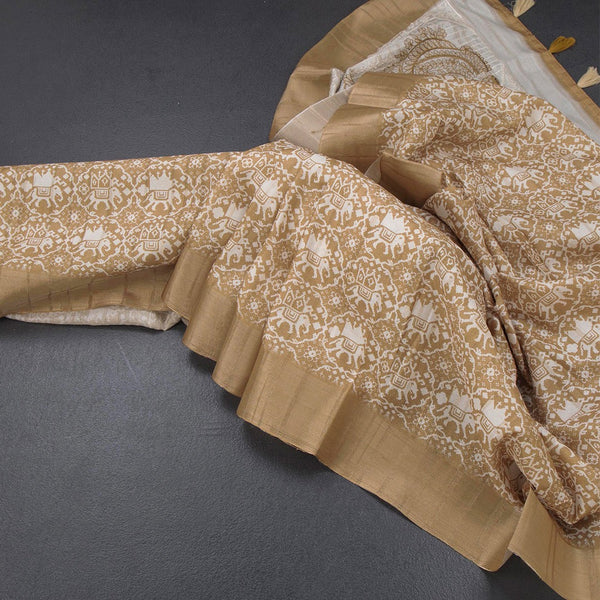 Raw Silk Mustard Yellow Printed Saree With Zari Border