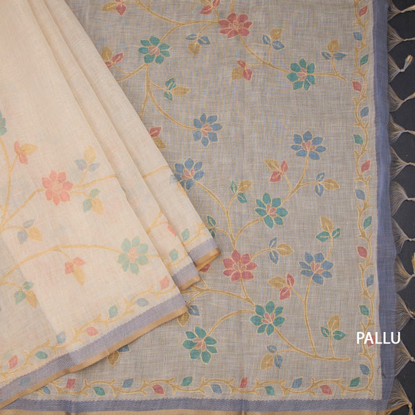 Linen Cream Saree With Painted Zari Thread Work