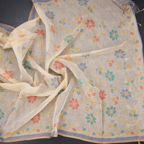 Linen Cream Saree With Painted Zari Thread Work