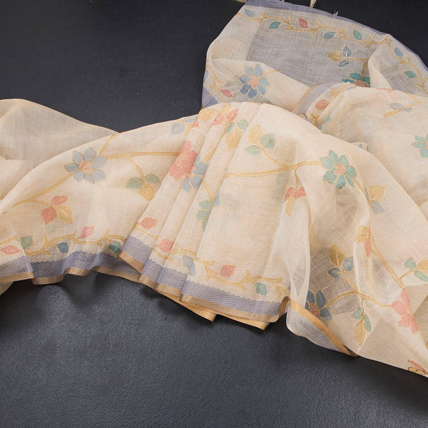 Linen Cream Saree With Painted Zari Thread Work