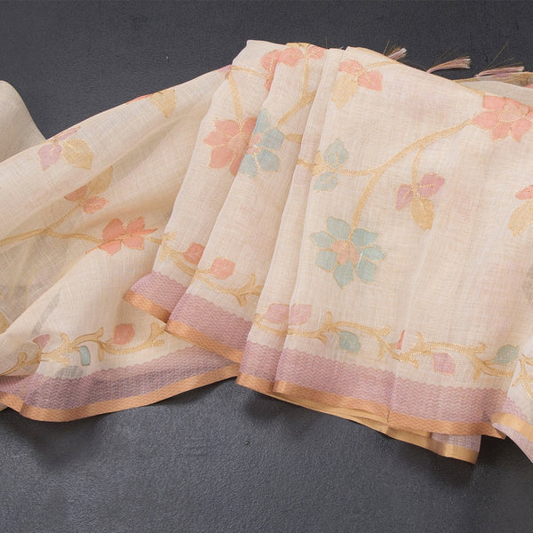 Linen Cream Saree With Painted Zari Thread Work 02
