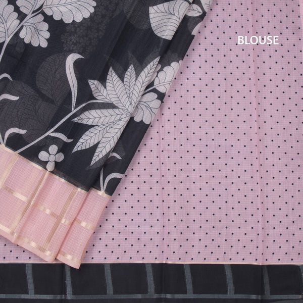 Kota Black Floral Printed Saree And Zari Checked Border 02