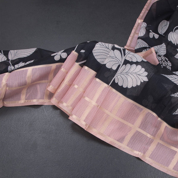 Kota Black Floral Printed Saree And Zari Checked Border 02