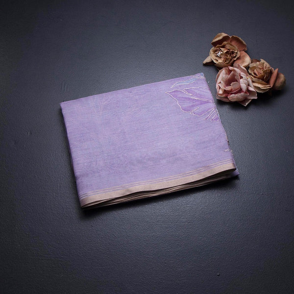 Organza Lavender Leaf Printed With Zari Thread Work Saree