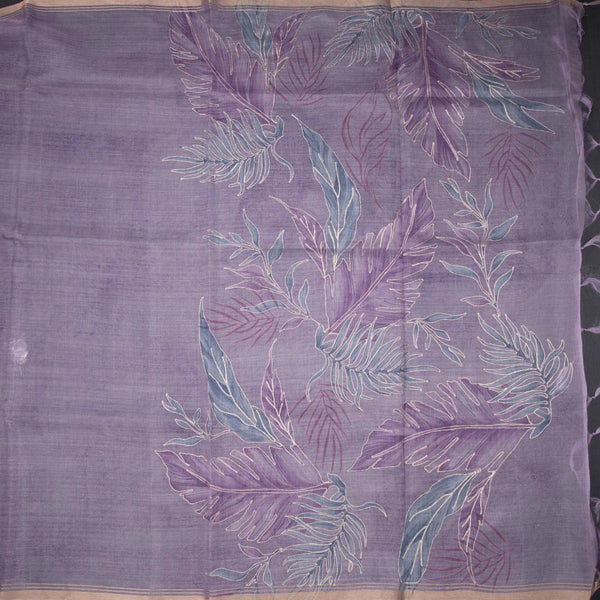 Organza Lavender Leaf Printed With Zari Thread Work Saree