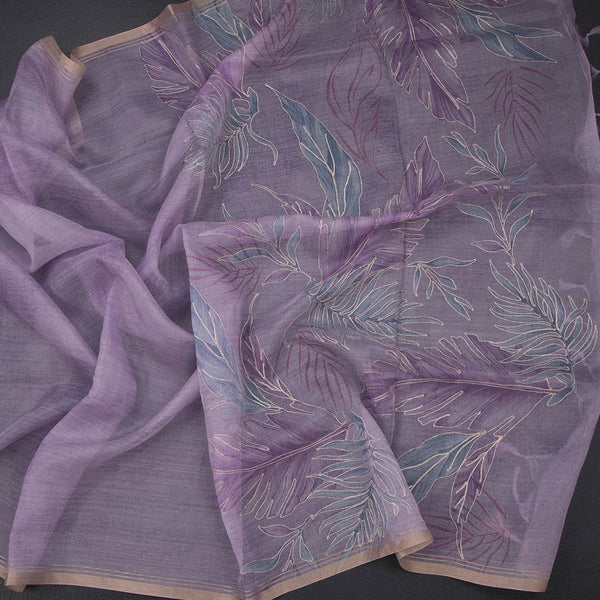 Organza Lavender Leaf Printed With Zari Thread Work Saree