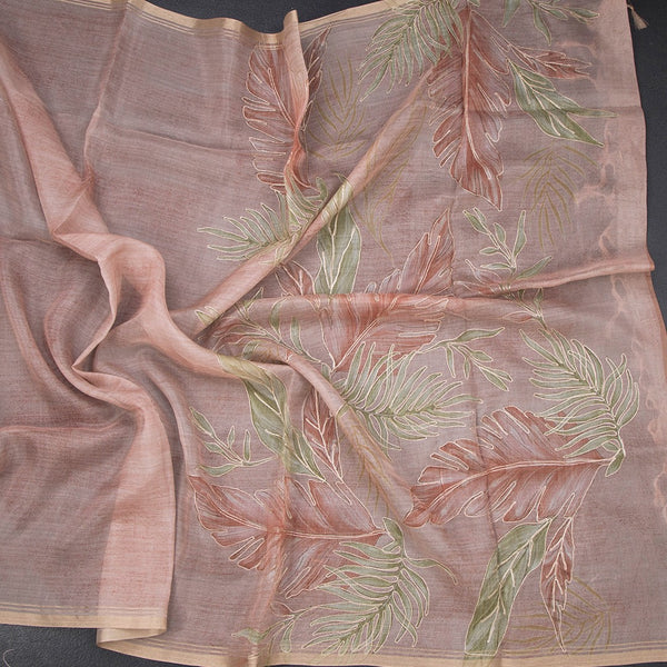 Organza Light Peach Leaf Printed With Zari Thread Work Saree