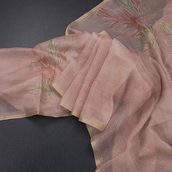 Organza Light Peach Leaf Printed With Zari Thread Work Saree