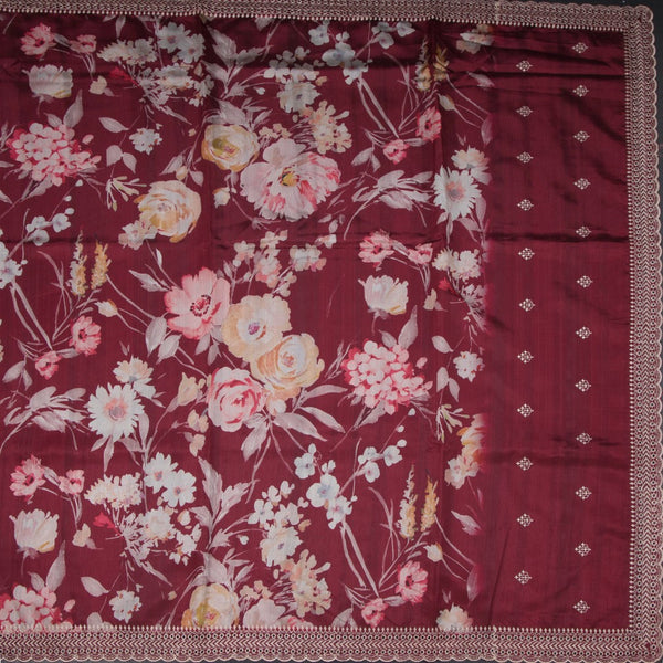 Raw Silk Maroon Floral Printed Saree And Thread Cut work Border