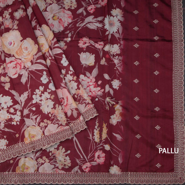 Raw Silk Maroon Floral Printed Saree And Thread Cut work Border