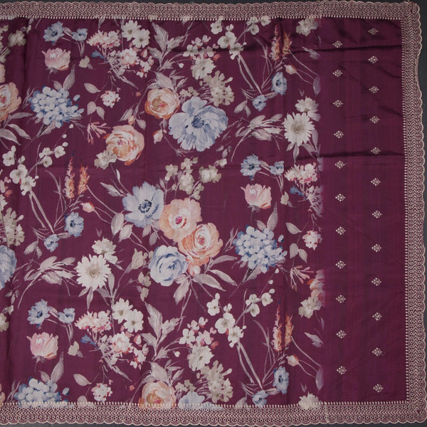 Raw Silk Mulberry Pink Floral Printed Saree And Thread Cut Work Border