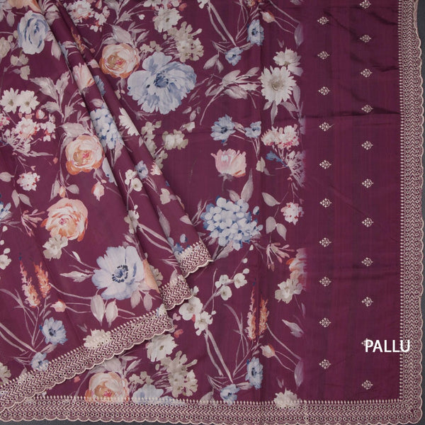 Raw Silk Mulberry Pink Floral Printed Saree And Thread Cut Work Border