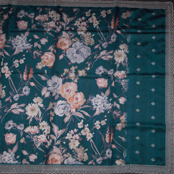 Raw Silk Teal Blue Floral Printed Saree And Thread Cut Work Border