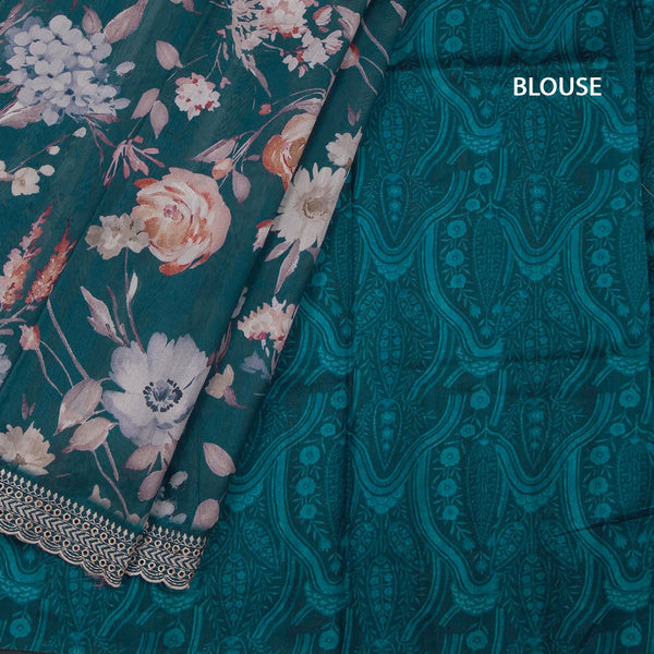 Raw Silk Teal Blue Floral Printed Saree And Thread Cut Work Border