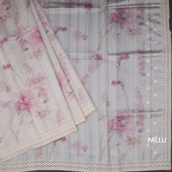 Raw Silk Light Grey Printed With Thread Work Saree And Cut Work Border