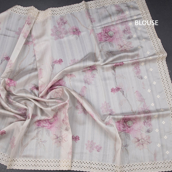 Raw Silk Light Grey Printed With Thread Work Saree And Cut Work Border