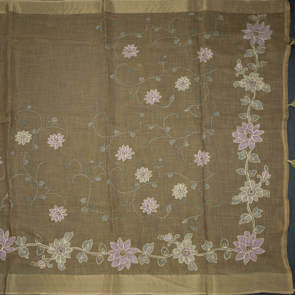 Linen Golden Brown Saree With Painted Zari Thread Work