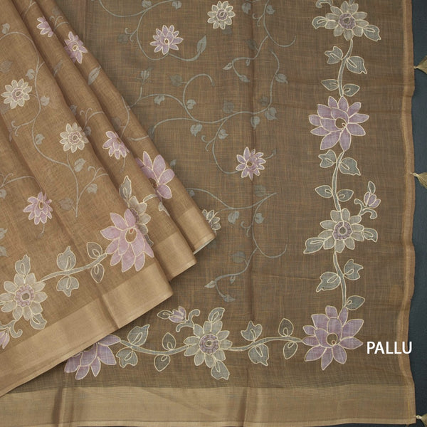 Linen Golden Brown Saree With Painted Zari Thread Work