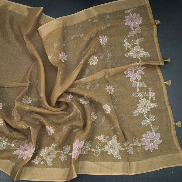 Linen Golden Brown Saree With Painted Zari Thread Work