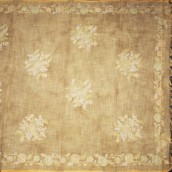 Linen Gold Saree Painted With Zari Thread Work