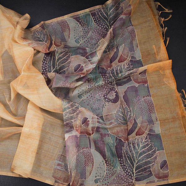Organza Pastel Orange Printed With Zari Thread Work