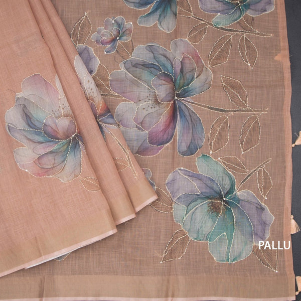 Linen Light Peach Floral Paint With Thread Work Saree