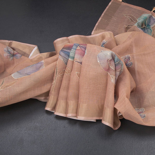 Linen Light Peach Floral Paint With Thread Work Saree
