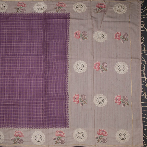 Raw Silk Plum Purple Zari Checked Saree And Thread Work Border