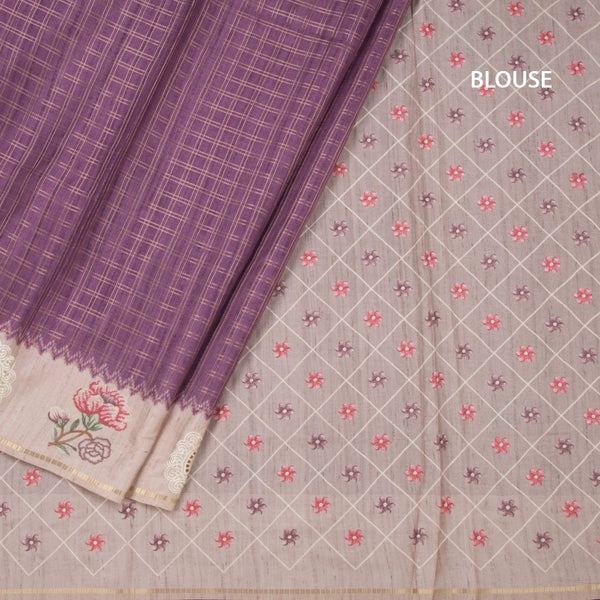 Raw Silk Plum Purple Zari Checked Saree And Thread Work Border