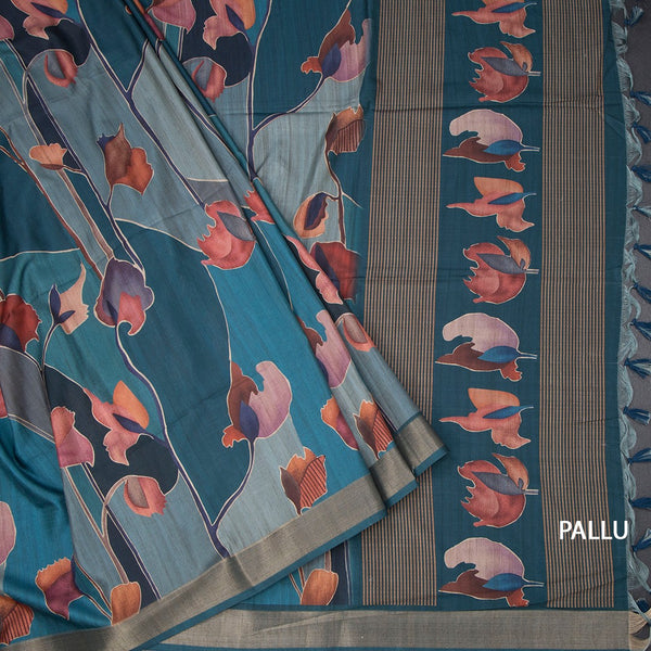 Raw Silk Blue Printed Saree And Zari Border
