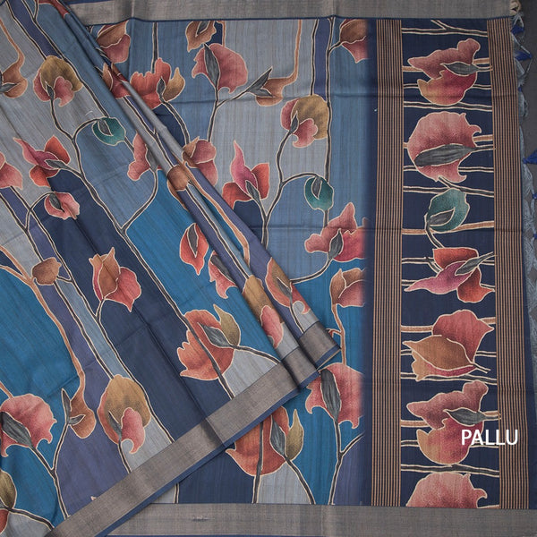 Raw Silk Blue Printed Saree And Zari Border 02