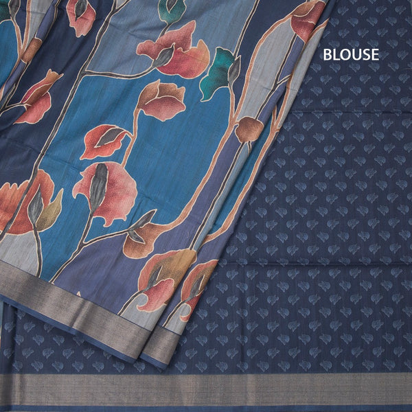 Raw Silk Blue Printed Saree And Zari Border 02
