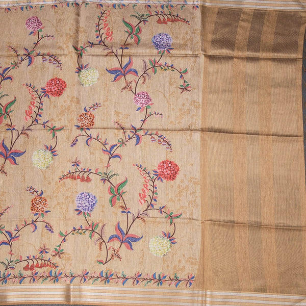 Raw Silk Sandal Floral Printed Saree With Zari Border