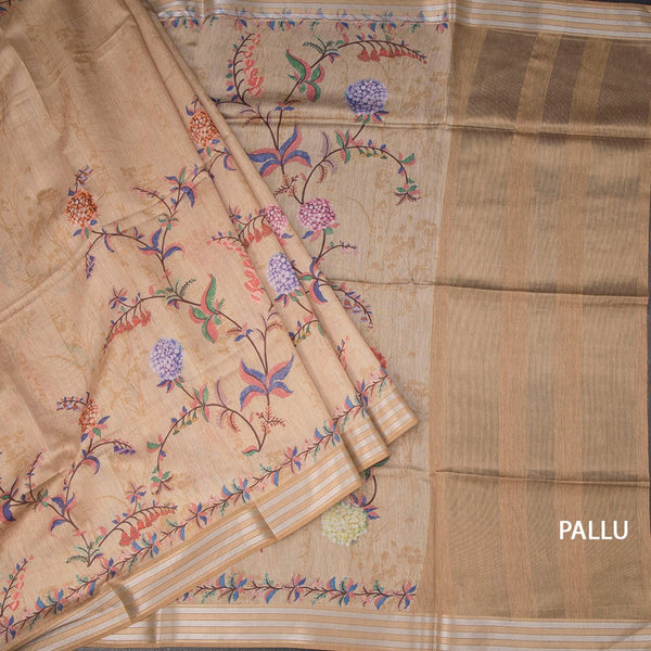 Raw Silk Sandal Floral Printed Saree With Zari Border