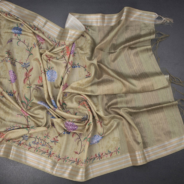 Raw Silk Pista Green Floral Printed Saree And Zari Border