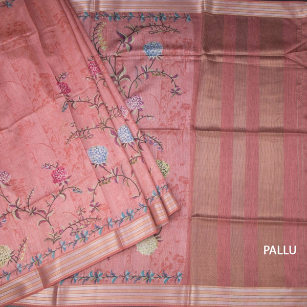 Raw Silk Coral Pink Floral Printed Saree And Zari Border