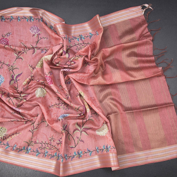 Raw Silk Coral Pink Floral Printed Saree And Zari Border