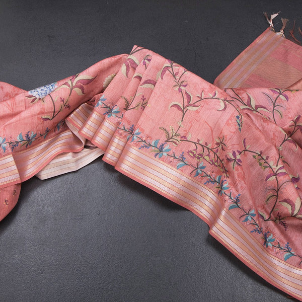 Raw Silk Coral Pink Floral Printed Saree And Zari Border